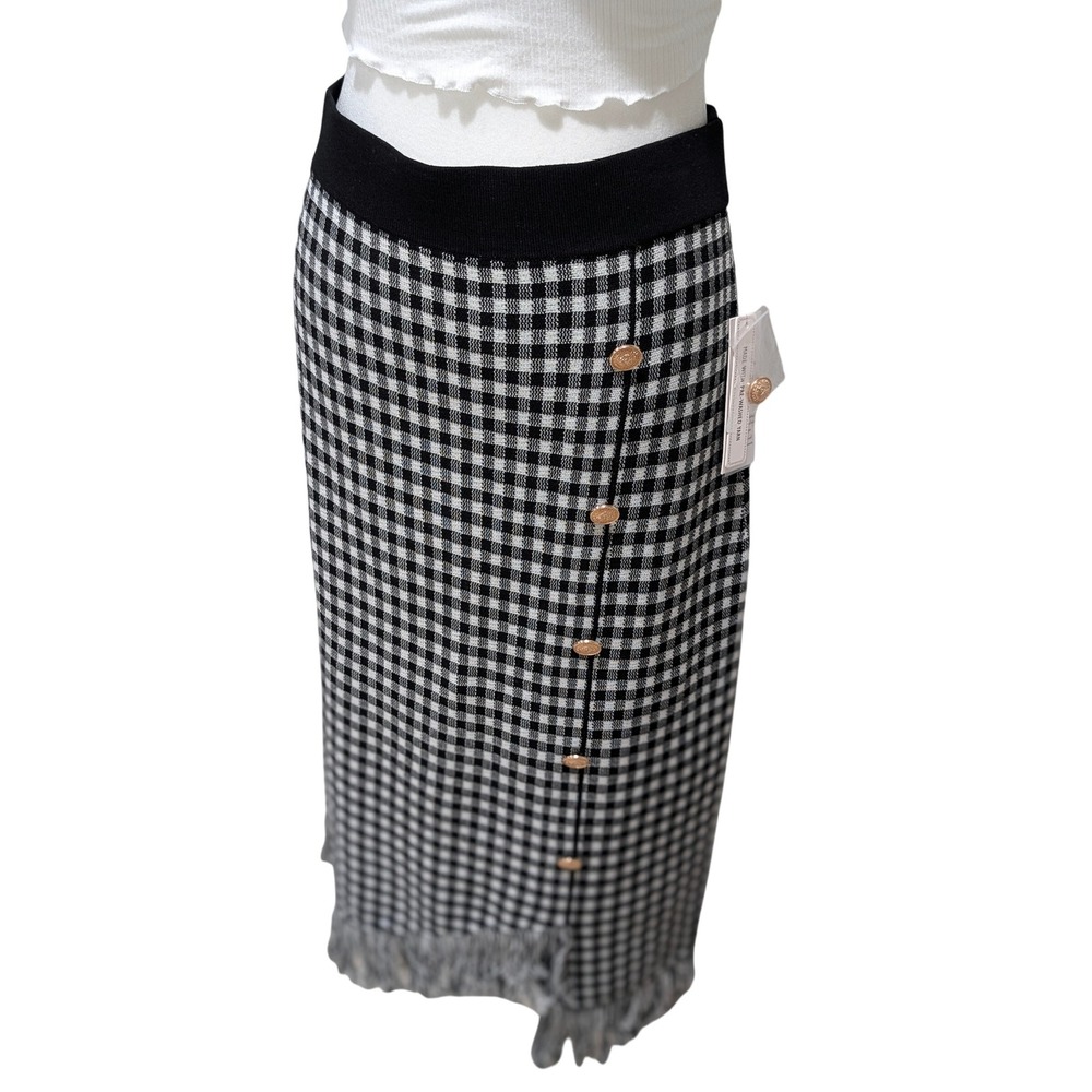 Nanette Lepore NWT Black White Gingham Asymetrical Fringe Hem Festival Skirt L - Picture 3 of 12